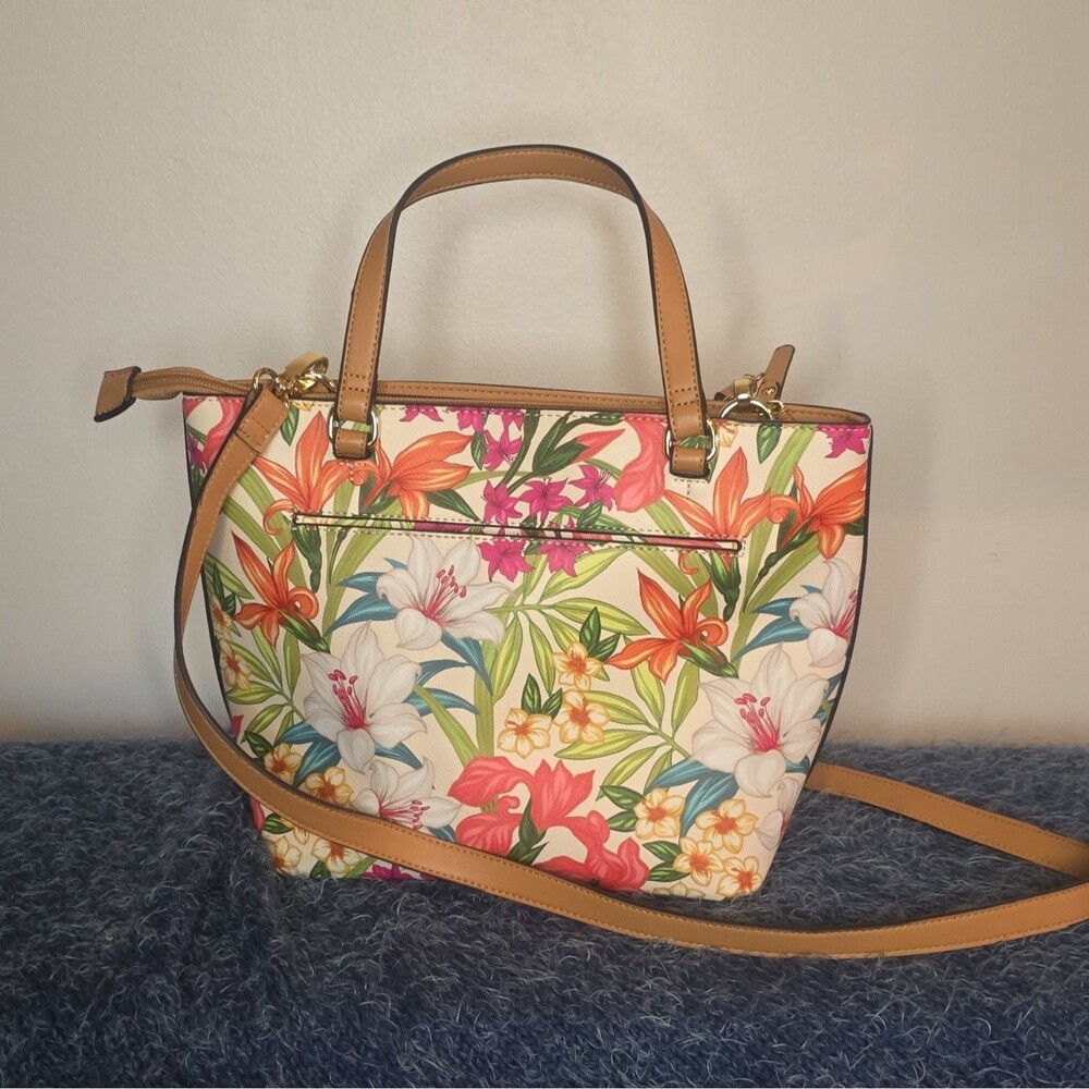 Nanette Lepore Floral Satchel Top Handle Bag Zip Gold Hardware Detachable Strap